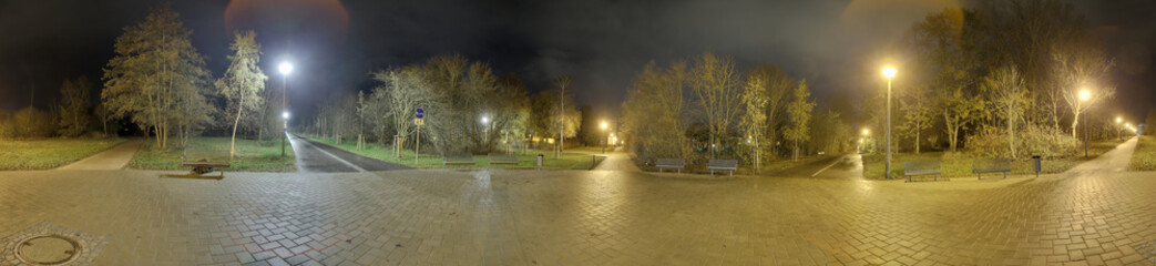360 degree night panorama of walkway intersection in Greifswald, Germany