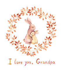 Grandparents day card. Grandpa rabbit hugs grandchild. Watercolor