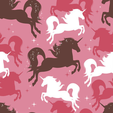 Seamless pattern with silhouette of beautiful unicorn on pink background. Vector illustration.