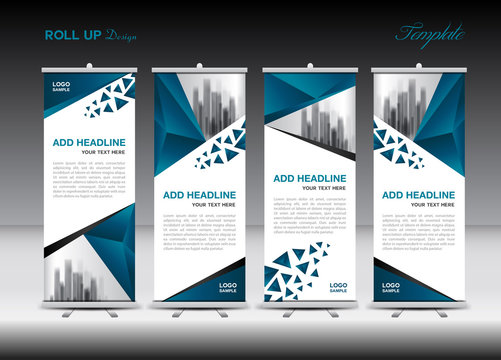 Blue and white Roll Up Banner template design on polygon background, Business flyer, display, vector