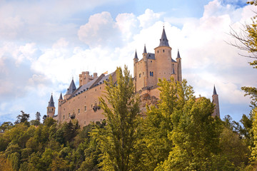 Segovia, Spain. The famous Alcazar of Segovia, rising out on a rocky crag, built in 1120. Castilla y Leon.