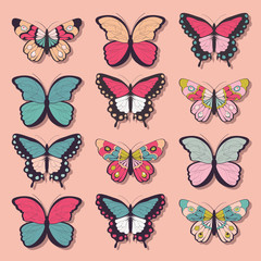 Fototapeta na wymiar Collection of twelve colorful hand drawn butterflies, pink background