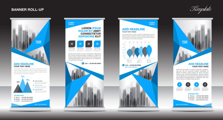 Roll up banner stand template design, Blue banner layout, advertisement, pull up, advertisement, polygon background