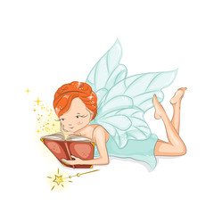 The beautiful little fairy. The little fairy is reading a magic book. She is studying magic. Hand drawn illustration isolated on white background.