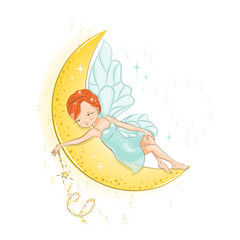 The beautiful little fairy. Fairy resting on the moon and she has a magic wand in her hand. She has red hair. She is in a gentle, air dress. Hand drawn illustration isolated on white background.