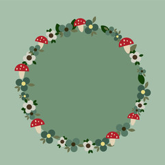 Fliegenpilze und Blumen Rahmen auf dunkelgrünem Hintergrund