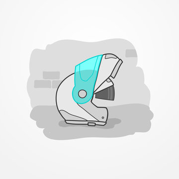 Typical motorcycle flip-up helmet with sun visor. Biker head protection in flat cartoon style. Motorbike safety gear element. Motorcycle vector stock image.