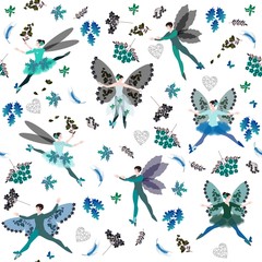 Winter fairy ballet. Seamless pattern with beautiful winged dancers, flowers, and leaves in cold tones.