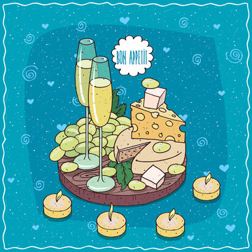 Romantic composition on wooden board, glasses of champagne or cider, bunch of white grapes and cheese on plate. Around the candles. Hand drawn comic style