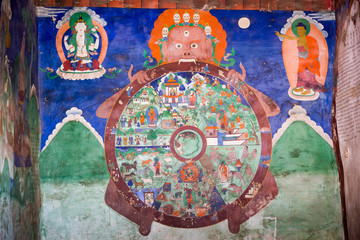 Fresco of Wheel of Life in a Tibetan Buddhist monastery of Lekir in the Indian Himalaya