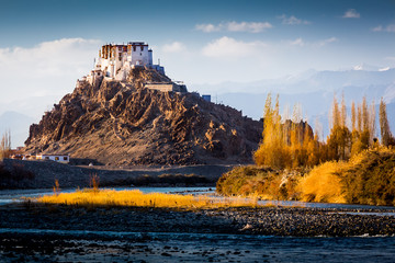 The Buddhist monastery of Stakna above Indus river in the Indian Himalaya in late autumn. Stakna,...