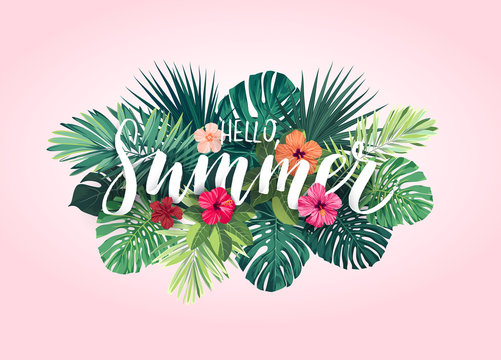 Summer tropical vector design for banner or flyer with exotic palm leaves, hibiscus flowers and handlettering.