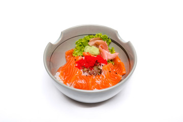 top view of japanese cuisines set on gray plate served with wasabi, soy sauce.Health japanese food. Raw Salmon sashimi.
