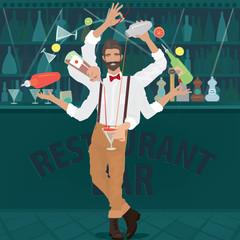 Multi-armed bartender hipster with red bow tie deftly prepares cocktail, simultaneously pours from bottle and shaker, juggles with glasses and other objects