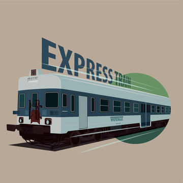 Isolate round icon with old train in retro colors rushes forward in realistic flat style. Express Train concept