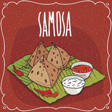 Traditional pastry, food of Indian cuisine, snack known as Samosa with sauce and curd cheese, on banana leaf plate. Lettering Samosa. Hand drawn comic style