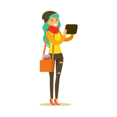 Student girl in fashionable clothes and long turquoise hair standing and holding gadget in her hands. Student lifestyle colorful character vector Illustration