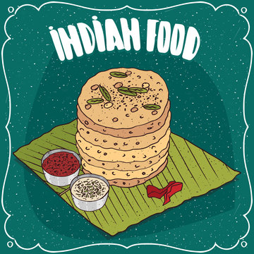 Traditional food, dish of Indian cuisine, pile of round flatbread like Roti, Naan, Chapati, Papadum or Paratha, on banana leaf plate with sauces. Hand drawn comic style