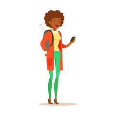 Student girl in casual clothes with backpack standing and holding smartphone in her hands. Student lifestyle colorful character vector Illustration