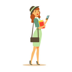 Beatuful student girl in fashionable clothes standing and holding smartphone and books in her hands. Student lifestyle colorful character vector Illustration