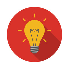 Light bulb circle icon with long shadow. Flat design style. Light bulb simple silhouette. Modern, minimalist, round icon in stylish colors. Web site page and mobile app design vector element.