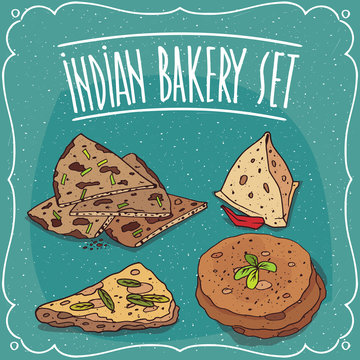 Set of traditional pastry snack, fast food of Indian cuisine, triangular Samosa or flatbread Roti, Naan, Chapati, Papadum or Paratha. Hand drawn comic style