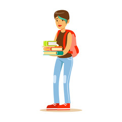 Girl with modern short haircut standing with books in her hands Student lifestyle colorful characte