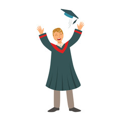 Young man tossing up his cap on Graduation Day. Colorful cartoon illustration