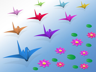 Fototapeta na wymiar Origami Birds flying over the water