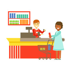 Cashier serving buyer at the cash register in supermarket. Shopping in grocery store, supermarket or retail shop. Colorful character vector Illustration