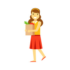 Smiling young woman carrying a brown shopping bag with healthy food. Shopping in grocery store, supermarket or retail shop. Colorful character vector Illustration