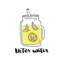 Hand drawn illustration with detox water in jar with lemon slices with handwritten lettering.