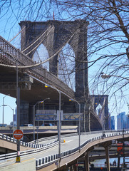 Amazing Brooklyn Bridge in New York - iconic landmark- MANHATTAN / NEW YORK - APRIL 1, 2017