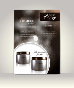 Flyer, brochure or magazine cover template. Cosmetic ads poster.3D Realistic vector illustration in soft purple color.