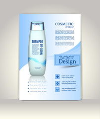 Flyer, brochure or magazine cover template. Cosmetic ads poster.3D Realistic shampoo bottle vector illustration