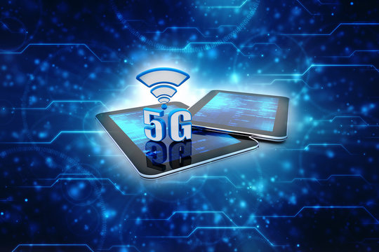 Mobile telecommunication cellular high speed data connection business concept: 3D render of blue metallic 5G wireless communication technology symbol, icon or button on smartphone