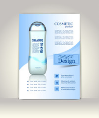 Flyer, brochure or magazine cover template. Cosmetic ads poster.3D Realistic shampoo bottle vector illustration