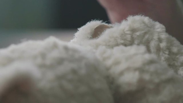 Filler for soft toys anti-stress. Process of creating a soft toy-antistress: a teddy bear in the old-fashioned style. The seamstress of soft toys stuffs a bear cub with a filler. Toy in vintage style