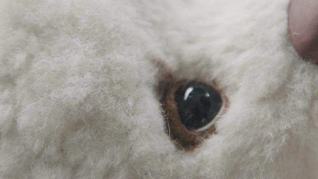 Process of creating a teddy bear: master draws a toy eyes. Thin brush for drawing: the eyes of a soft toy. Teddy bear in vintage style. Master paints eyes for a teddy bear in an old-fashioned style.