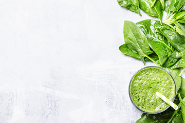Spinach smoothies, food background, top view - obrazy, fototapety, plakaty
