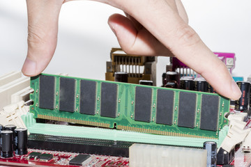 Close up of Electronic Ram(random access memory) on Mainboard computer