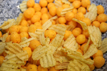Salty snacks. Crisps. Unhealthy food. Party