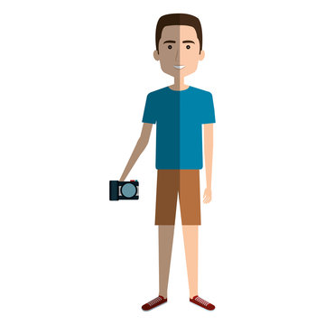 Young man in beach suit with camera photographic vector illustration design