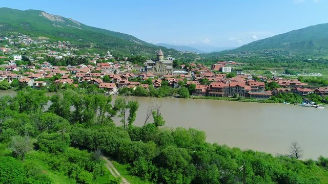4K Aerial view of Mtskheta, Georgia. Svetitskhoveli Cathedral, old city and Mtkvari river