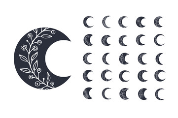 Set of moon icons with floral elements isolated on white background. Vector illustration