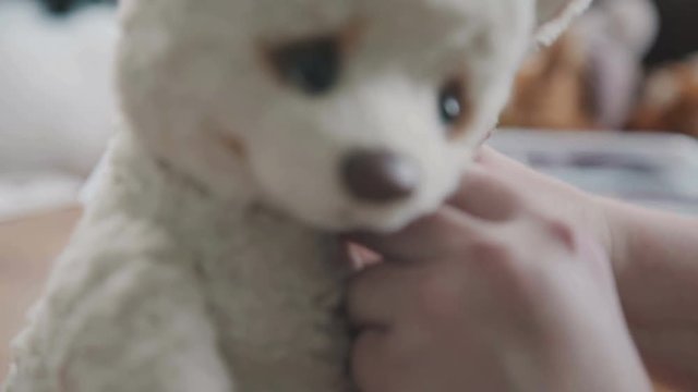 Female hands put a woolen sweater on a stuffed toy: a cute teddy bear. Collectible toys - a vintage teddy bear as in the 20th century - a favorite toy for children. Teddy bear in clothes.