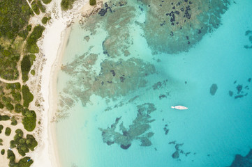 Aerial view of the Sardinian Emerald Coast, with its turquoise sea. Costa Smeralda in Sardinia Island, is one of the most beautiful and famous coasts in the world