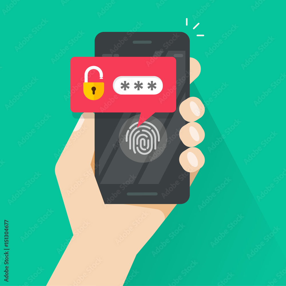 Poster hand with smartphone unlocked with fingerprint button and password notification vector, mobile phone