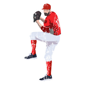 Baseball player pitcher in red jersey, grungy vector illustration