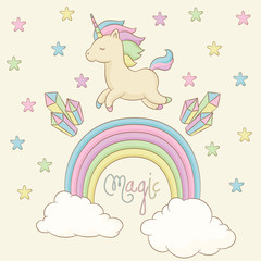 Unicorn, rainbow, crystals and stars around